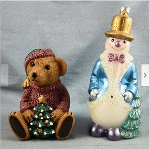 2 Shiny Christmas Wax Candle Brown Teddy Bear w/Sweater Hat Snowman Gold Top Hat